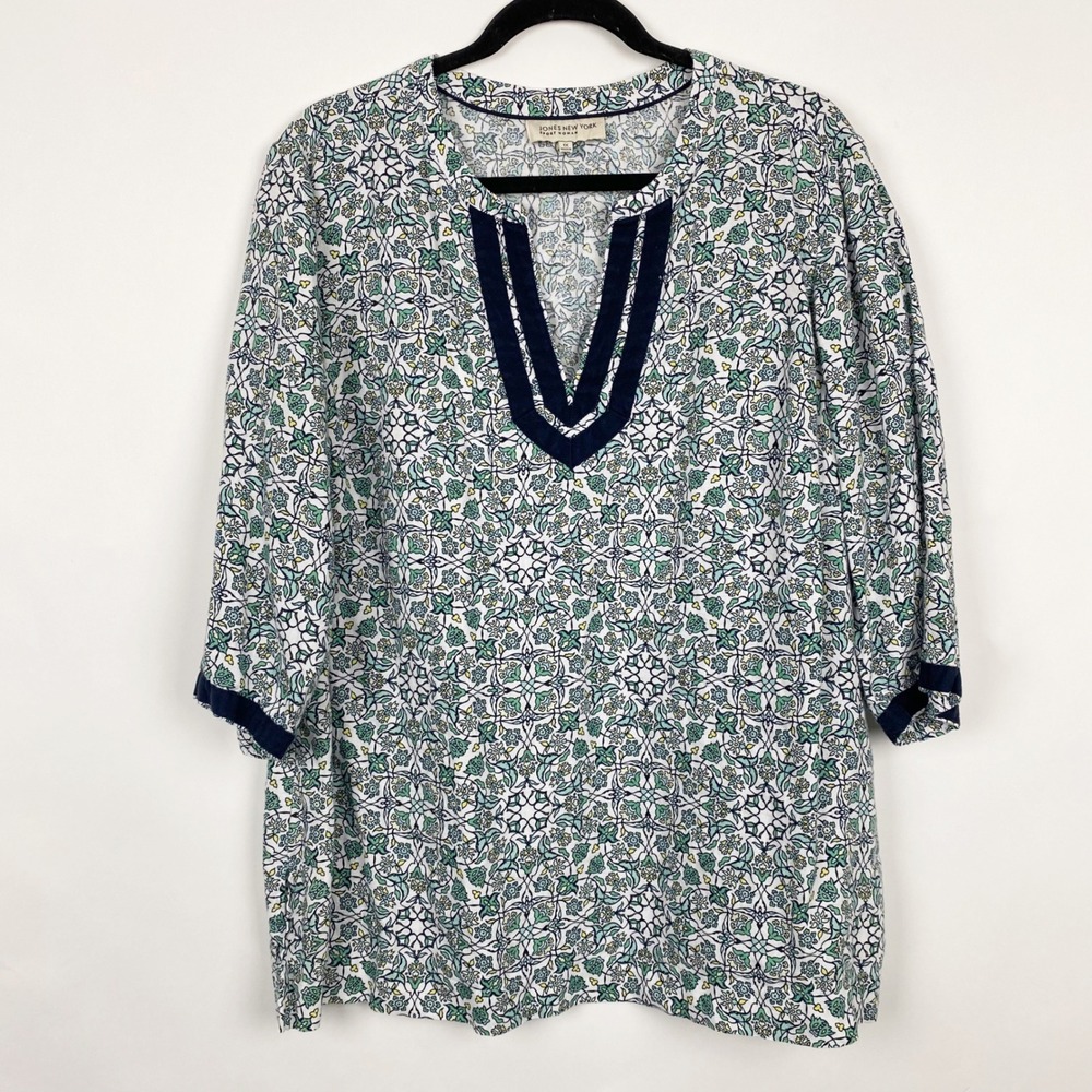 Jones New York 100% Linen Floral Split Neck Tunic Top Womens 1X White Green Navy
